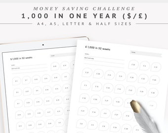 1,000 Money Savings Challenge Printables, 1K in a Year Savings Tracker, Save 1000 Dollars in 52 Weeks Planner | PDF | A4 A5 Letter Half
