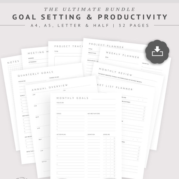 Productivity Planner Bundle, Life Goal Setting planner, ADHD Planner, Business Project Management Planner, Monthly Habit Tracker