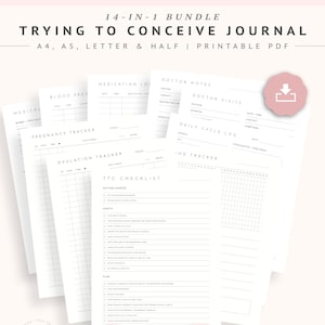 Afdrukbaar vruchtbaarheidsdagboek, proberen te bedenken planner, ovulatieteststrips tracker, zwangerschapsplanner, basale lichaamstemperatuur grafiek PDF