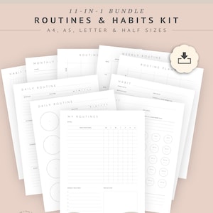 Afdrukbaar dagelijkse routine, sjabloon wekelijkse routine checklist, tabel ochtendrituelen, dankbaarheidsdagboek 's avonds, uitdaging 30 dagen pdf