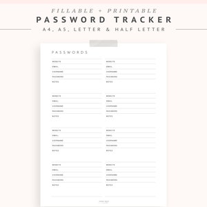 Password Tracker Printable, Password Keeper Fillable, Password Organiser, Password Log PDF, Password List Template, A5 A4 Half Letter
