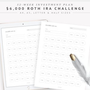 6.000 Roth IRA pensioenspaaruitdaging, investeer 6.000 dollar per jaar, 6000 in 52 weken besparingstracker | Afdrukbare pdf, A4 A5, brief half
