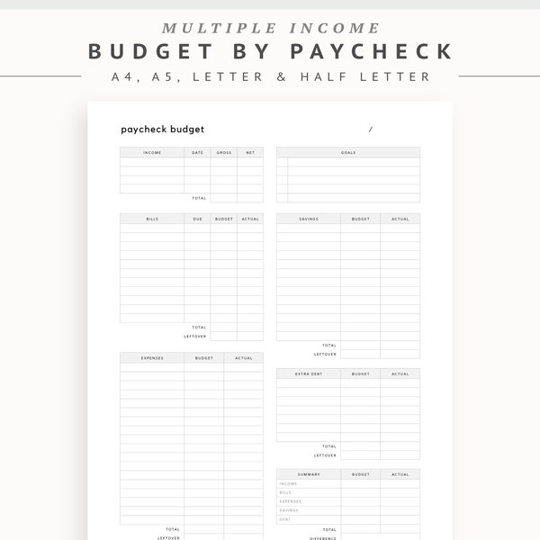 Paycheck Budget Planner Printable Template, Budget by Paycheck Worksheet, Monthly Biweekly Weekly Personal Household Budget Workbook A5 Half