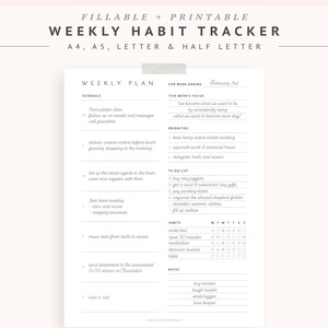 Weekly Planner with Habit Tracker Printable – Fillable Weekly To Do List Template, Weekly Agenda Goals Priorities Notes – A5 A4 Letter Half