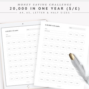 20,000 Money Saving Challenge Chart, 20K in a Year Savings Tracker, Save 20000 Dollars in 52 Weeks | Printable PDF | A4 A5 Letter Half
