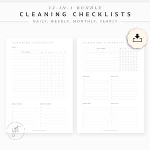 Cleaning checklist printable, monthly cleaning routine schedule list, daily chore chart, weekly chores template, yearly cleaning planner