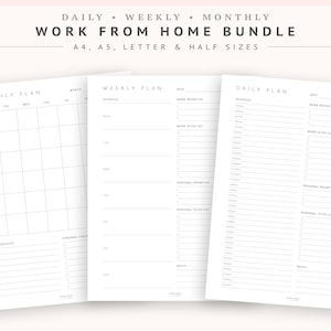Puede incluir: Paquete de planificadores imprimibles para trabajar desde casa en tamaños A4, A5, Letter y Half. El paquete incluye un planificador diario, semanal y mensual. Cada planificador tiene secciones para prioridades laborales, listas de tareas, prioridades personales, listas de tareas personales y notas.
