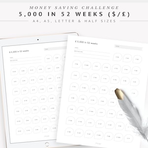 5,000 Money Saving Challenge Chart, Save 5K Dollars in a Year, 5000 in 52 Weeks Savings Goal Tracker | Printable PDF | A4 A5 Letter Half