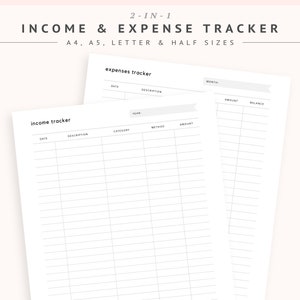 Seguimiento de ingresos y gastos imprimible, Planificador de presupuesto mensual PDF, Registro de gastos de dinero personal, Gestión financiera empresarial / Carta A4 A5