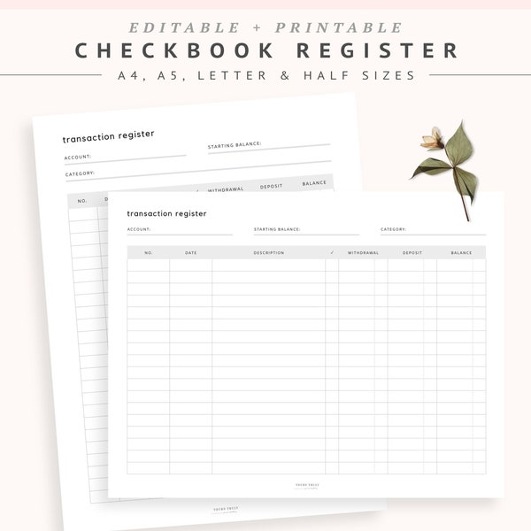 Editable Checkbook Register Template, Printable Cash Register, Fillable Check Transaction Ledger, Cash Log Book, Blank Bank Passbook Sheet
