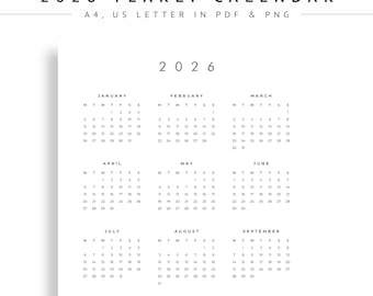 2026 Yearly Calendar, 2026 Calendar, Yearly Planner, Calendar Poster, Year at a Glance, Year on One Page Calendar Stickers PDF PNG A4 Letter