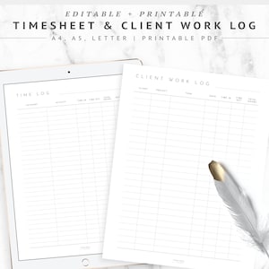 Puede incluir: Plantillas de hoja de tiempo y registro de trabajo de clientes imprimibles en una tableta blanca. Las plantillas están diseñadas para su uso con una computadora o tableta y están disponibles en tamaños A4, A5 y carta.