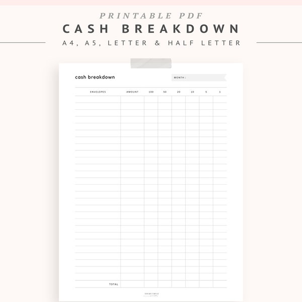 Printable Cash Envelopes Breakdown Sheet, Sinking Funds Tracker, Bank Teller Slips Template, Cash Withdrawal, Monthly Spending Tracker PDF