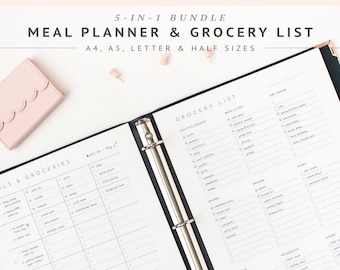 Planificateur de repas hebdomadaire et liste de courses à imprimer, encarts pour planificateur de menus, modèle de liste de courses PDF, feuille de planification de repas