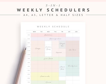 Weekly Schedule, Printable Weekly Timetable, Weekly Organizer, Blank Weekly Scheduler, Hourly Agenda, Time Blocking Template PDF, A4 A5 HALF