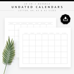 Calendario en blanco imprimible, Calendario grande sin fecha, Calendario minimalista, Calendario mensual, Calendario de pared, Lunes y Domingo, Carta, A4, A3, A2