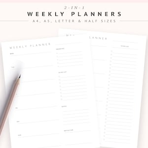 May include: A printable weekly planner with two columns. The left column has space for daily tasks, priorities, to-do lists, notes, and reflections. The right column has space for a to-do list. The planner is designed for use with A4, A5, letter, and half-sized paper.