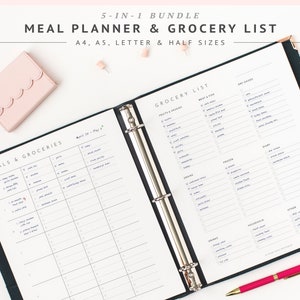 Weekly Meal Planner and Grocery Shopping List Printable, Menu Planner Inserts, Shopping List Template PDF, Meal Planning Sheet