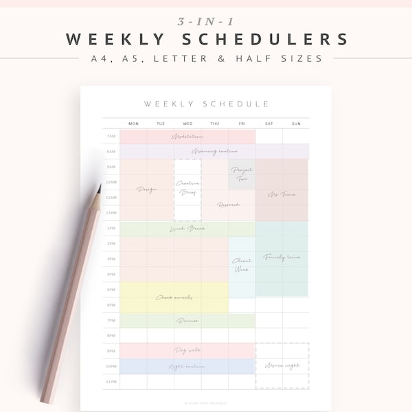 Weekly Schedule, Printable Weekly Timetable, Weekly Organizer, Blank Weekly Scheduler, Hourly Agenda, Time Blocking Template PDF, A4 A5 HALF
