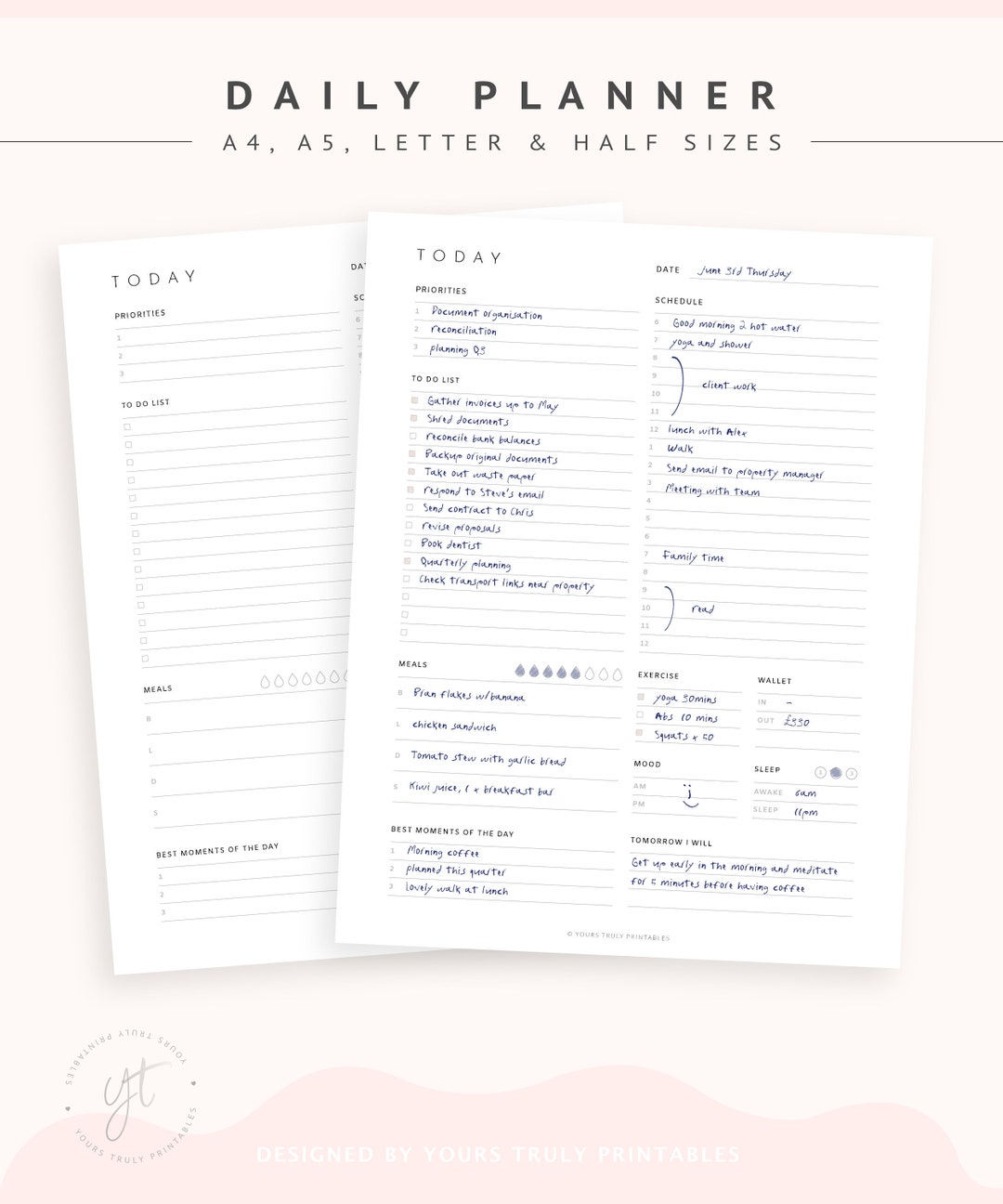 Daily Planner Inserts Printable, Work Day Schedule Planner With to Do ...