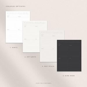 May include: Four different color options for a printable planner. The options are white, off white, soft peach, and dark mode.