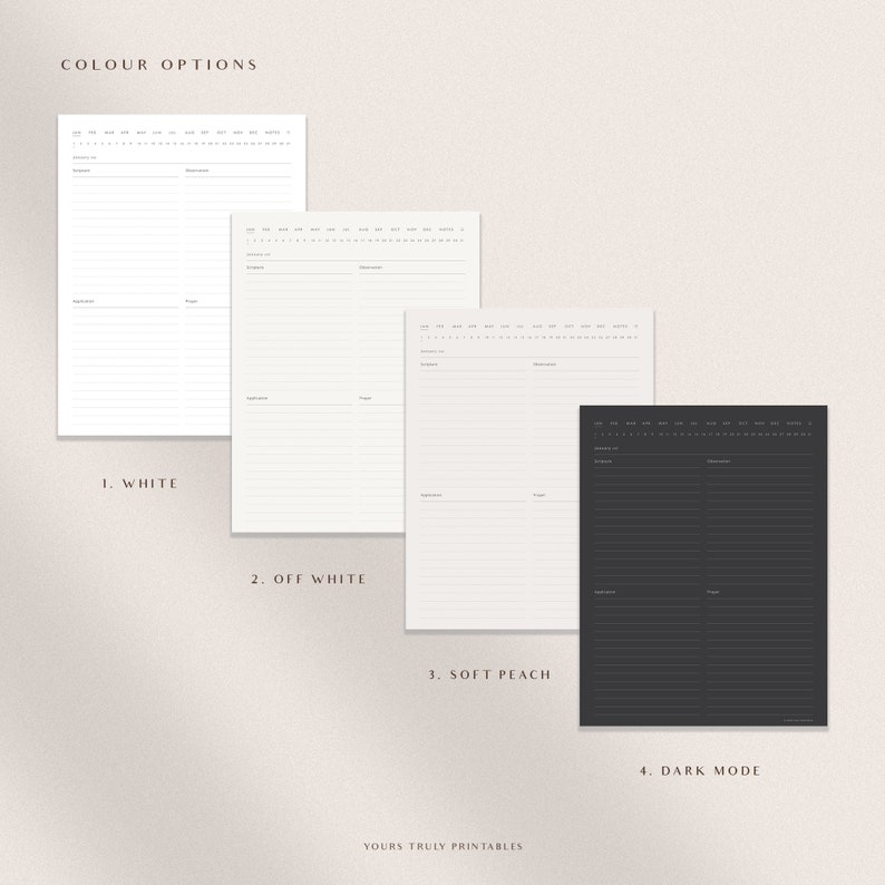 May include: Four different color options for a printable planner. The options are white, off white, soft peach, and dark mode.