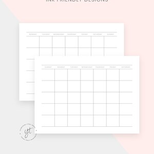 May include: Two printable weekly planner templates with a simple grid layout. The top template has days of the week starting with Monday, while the bottom template starts with Sunday. Both templates have the text "INK FRIENDLY DESIGNS" at the top.