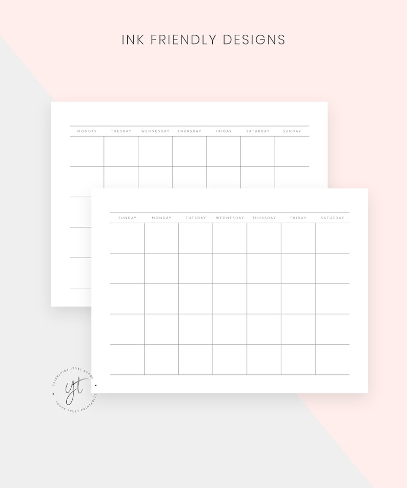 May include: Two printable weekly planner templates with a simple grid layout. The top template has days of the week starting with Monday, while the bottom template starts with Sunday. Both templates have the text "INK FRIENDLY DESIGNS" at the top.