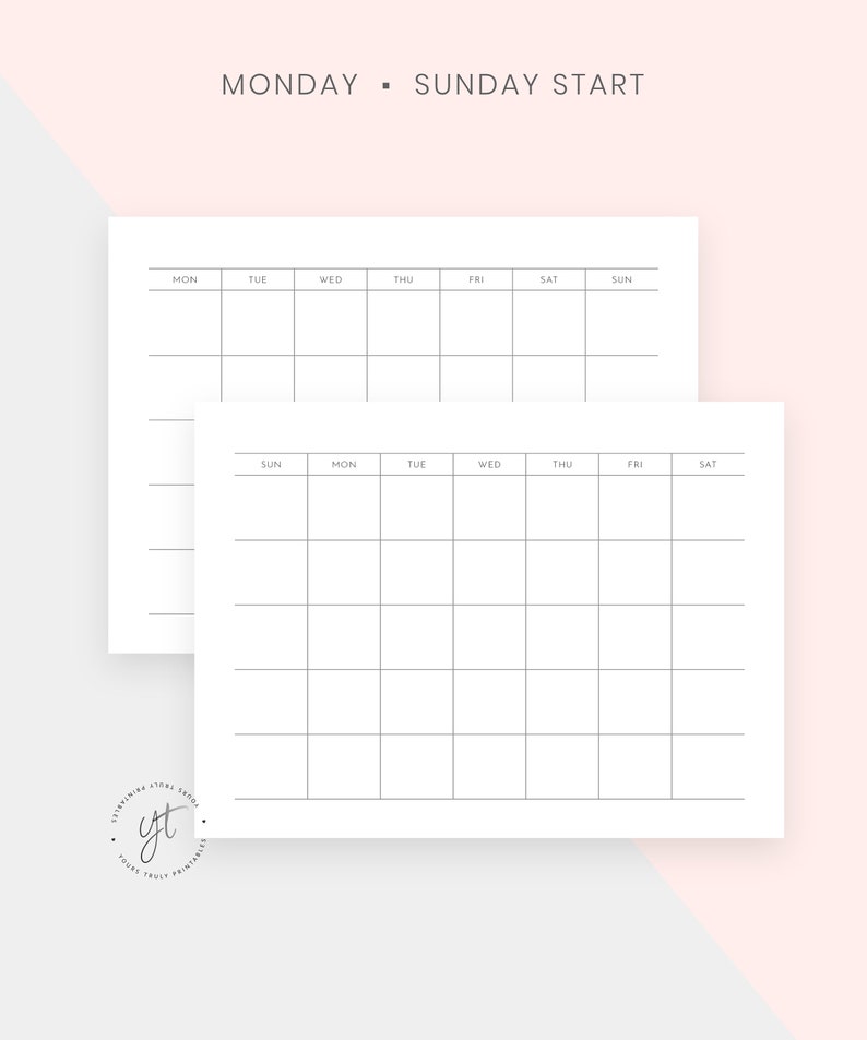 May include: Two blank weekly planner templates with the text "MONDAY - SUNDAY START" at the top. The first template has the days of the week starting with Monday and the second template has the days of the week starting with Sunday.