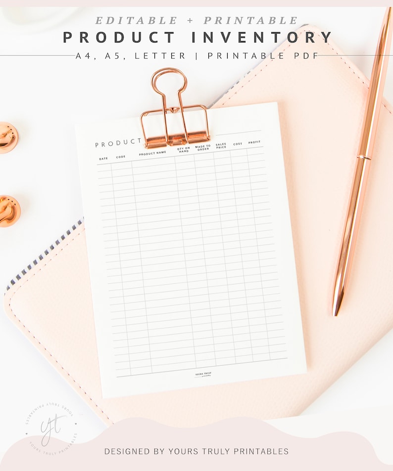 May include: A printable product inventory sheet with columns for date, code, product name, on hand, made to order, sales price, cost, and profit. The sheet is attached to a pink notebook with a gold binder clip.