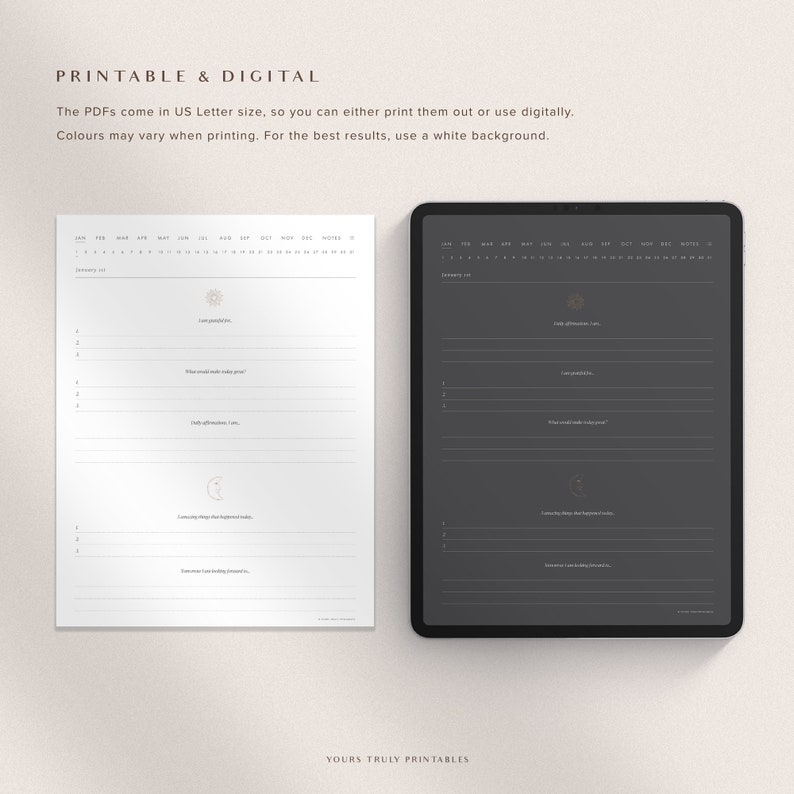 May include: Printable and digital monthly planner with a dark grey background and a light grey calendar. The planner includes prompts for reflection and gratitude. The text "PRINTABLE & DIGITAL" is at the top of the page. The text "YOURS TRULY PRINTABLES" is at the bottom of the page.