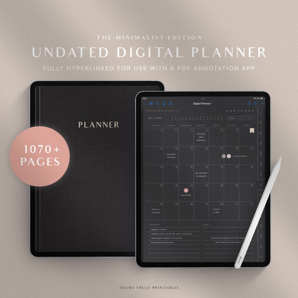 Undated Digital Planner, GoodNotes Planner, Dark Mode Planner, iPad Planner, Portrait Planner, Daily Journal Weekly Schedule | Minimalist Ed