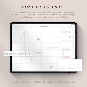 May include: A digital planner app on a tablet screen showing a monthly calendar view for January. The calendar has a simple design with white text on a light gray background. The app allows users to easily jump between monthly, weekly, and daily views by clicking dates, week numbers, and tabs. The app also includes a submenu to quickly jump between interlinked pages.