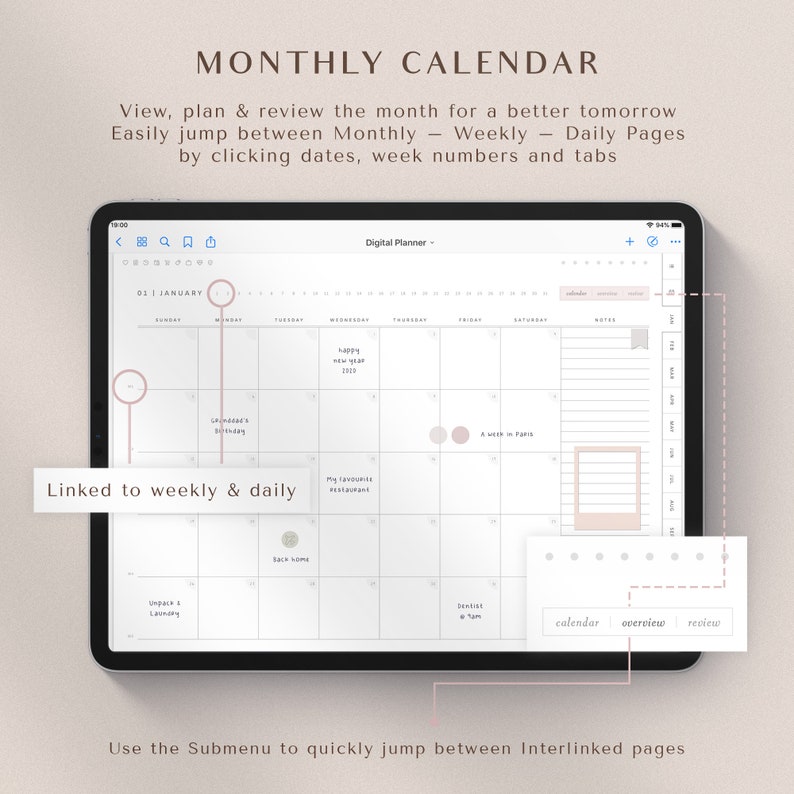 May include: A digital planner app on a tablet screen showing a monthly calendar view for January. The calendar has a simple design with white text on a light gray background. The app allows users to easily jump between monthly, weekly, and daily views by clicking dates, week numbers, and tabs. The app also includes a submenu to quickly jump between interlinked pages.