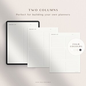 May include: Printable grocery list template with two columns and the text "Grocery List" at the top. The template is available in four colors: white, light gray, gray, and black.
