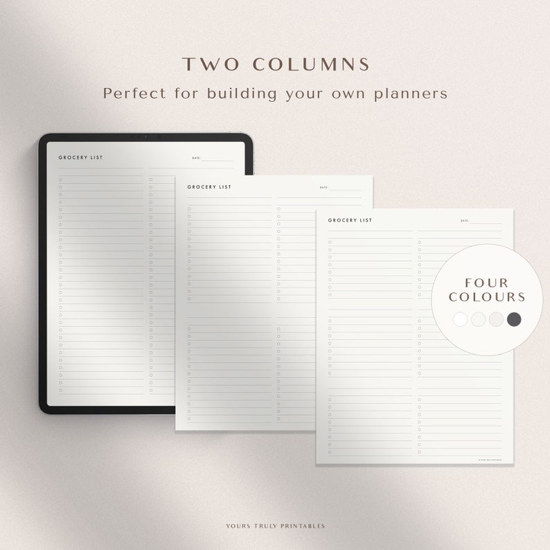 May include: Printable grocery list template with two columns and the text "Grocery List" at the top. The template is available in four colors: white, light gray, gray, and black.