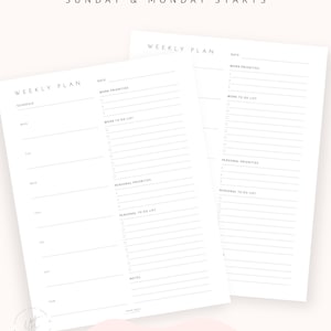 May include: A printable weekly planner with a simple design. The planner includes sections for work priorities, work to do list, personal priorities, personal to do list, and notes. The planner is designed for a week that starts on Sunday.