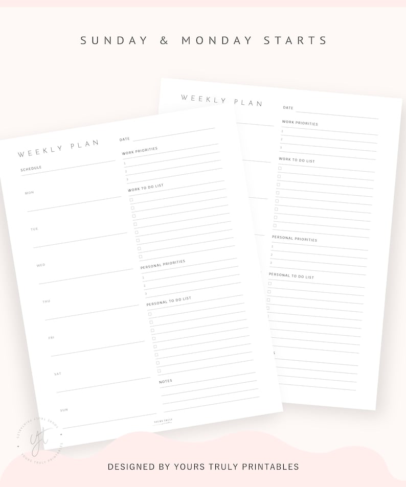 May include: A printable weekly planner with a simple design. The planner includes sections for work priorities, work to do list, personal priorities, personal to do list, and notes. The planner is designed for a week that starts on Sunday.