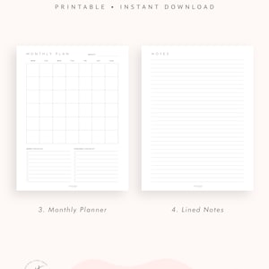 May include: Printable monthly planner and lined notes pages. The planner has a grid for each day of the month, with sections for work and personal checklists. The notes page has lined paper.