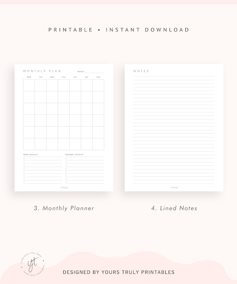 May include: Printable monthly planner and lined notes pages. The planner has a grid for each day of the month, with sections for work and personal checklists. The notes page has lined paper.