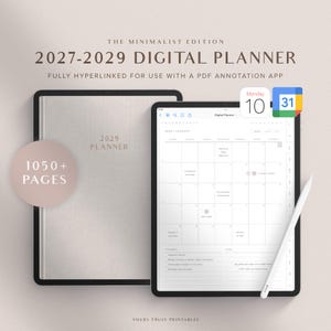 May include: A 2027-2029 digital planner in a minimalist edition with 1050+ pages, shown on a tablet screen displaying a monthly calendar layout. The set includes a cover design, a white stylus, and icons for calendar applications on a neutral background.
