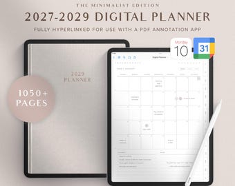 Könnte beinhalten: Ein digitaler Planer 2027-2029 in minimalistischer Edition mit über 1050 Seiten, dargestellt auf einem Tablet-Bildschirm mit Monatskalender-Layout. Das Set enthält ein Cover-Design, einen weißen Eingabestift und App-Symbole auf neutralem Grund.