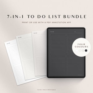 May include: A 7-in-1 to-do list bundle with four color options. The bundle includes printable to-do lists and a digital to-do list that can be used with a PDF annotation app. The to-do lists are designed with a simple and minimalist aesthetic.