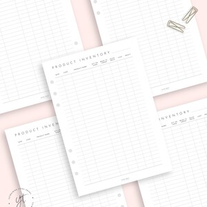 May include: Three printable inventory tracker sheets with a grid layout and columns for date, code, product name, quantity on hand, made to order, sales price, cost, and profit. The sheets are designed for use in a disc bound planner.