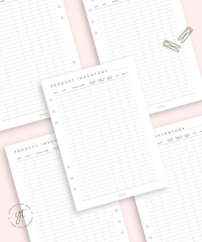 May include: Three printable inventory tracker sheets with a grid layout and columns for date, code, product name, quantity on hand, made to order, sales price, cost, and profit. The sheets are designed for use in a disc bound planner.