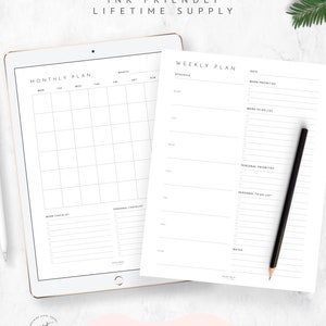 May include: A digital tablet displaying two printable planner pages. The left page is a monthly calendar with a grid layout. The right page is a weekly planner with sections for schedule, work priorities, work to do list, personal priorities, personal to do list, and notes. The text "INK FRIENDLY LIFETIME SUPPLY" is at the top of the image.