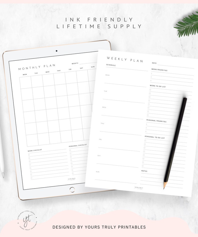 May include: A digital tablet displaying two printable planner pages. The left page is a monthly calendar with a grid layout. The right page is a weekly planner with sections for schedule, work priorities, work to do list, personal priorities, personal to do list, and notes. The text "INK FRIENDLY LIFETIME SUPPLY" is at the top of the image.