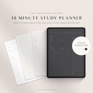 May include: A digital planner with a black background and white text. The planner is designed for 10-minute study sessions and includes a calendar, to-do list, and notes section. The planner is fully hyperlinked for use with a PDF annotation app. The text "FOUR COLOURS" is displayed in a circle with four coloured dots.