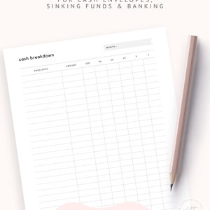 May include: A printable cash envelope budgeting worksheet with the title "cash breakdown" and headings for "envelopes" and "amount". The worksheet has columns for amounts from &pound;1 to &pound;100. The worksheet is designed for cash envelopes, sinking funds, and banking.