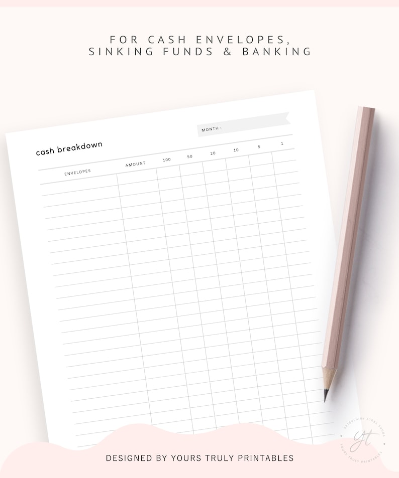 May include: A printable cash envelope budgeting worksheet with the title "cash breakdown" and headings for "envelopes" and "amount". The worksheet has columns for amounts from &pound;1 to &pound;100. The worksheet is designed for cash envelopes, sinking funds, and banking.